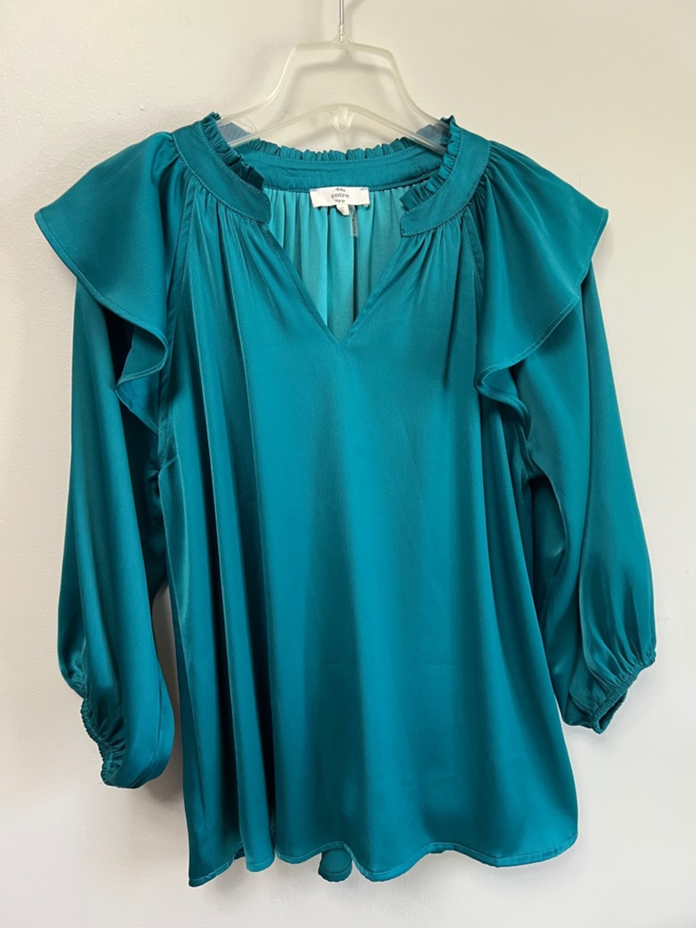 Entro Emerald Green Teal Ruffle-Shoulder Satin Blouse Split V-Neck S” - Picture 2 of 11